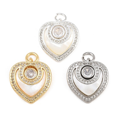 Brass Micro Pave Clear Cubic Zirconia Pendants, Heart Charm, with Natural Shell & Brass Jump Ring