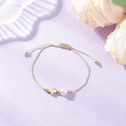 Женские плетеные браслеты из искусственного жемчуга и сплава из АБС-пластика, крестик, с нейлоновой нитью