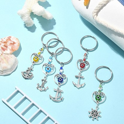 Anchor & Helm Tibetan Style Alloy Keychain, with Lampwork Evil Eye Bead and 304 Stainless Steel Split Key Rings