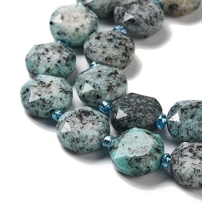 Natural Sesame Jasper/Kiwi Jasper Beads Strands, with Seed Beads, Faceted Hexagonal Cut, Flat Round, Dyed