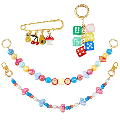 3 шт 3 стили яблоко сердце круглая акриловая сумка-связка декоративные цепочки и брошь, с кубиками из смолы и поворотными застежками из сплава, золотые