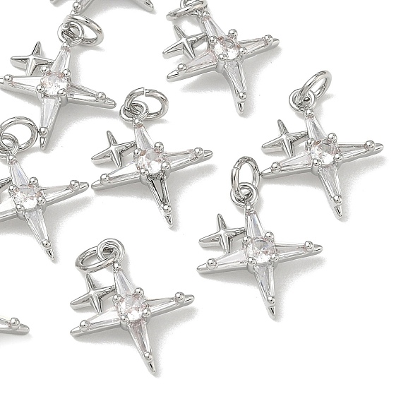 SHEGRACE Brass Pave Clear Cubic Zirconia Pendants, Star Charms, with Jump Ring, Cadmium Free & Lead Free & Nickel Free
