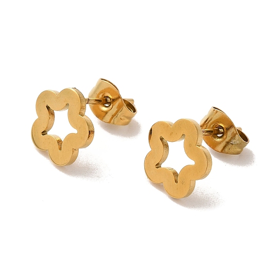 PVD Vacuum Plating 304 Stainless Steel Stud Earrings, Hollow Flower