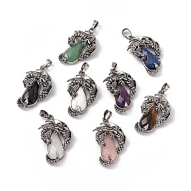 Gemstone Pendants, Faceted Teardrop Charms with Rack Plating Antique Silver Tone Brass Dragon, Cadmium Free & Lead Free