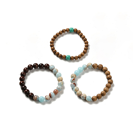 Round Sandalwood and Synthetic Gemstone Beaded Stretch Bracelets
