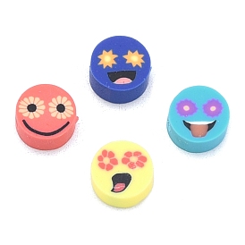 Handmade Polymer Clay Beads, Flat Round with Smiling Face Pattern
