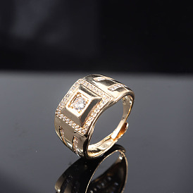 Adjustable Men's Fashion Wide Band Ring with Micro Inlaid Zirconia, Copper Plated Real Gold