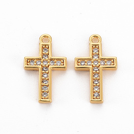 Brass Clear Cubic Zirconia Charms, Nickel Free, Cross