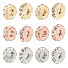 12Pcs 2 Style Brass Micro Pave Clear Cubic Zirconia Beads, Long-Lasting Plated, Flat Round & Rondelle with Star