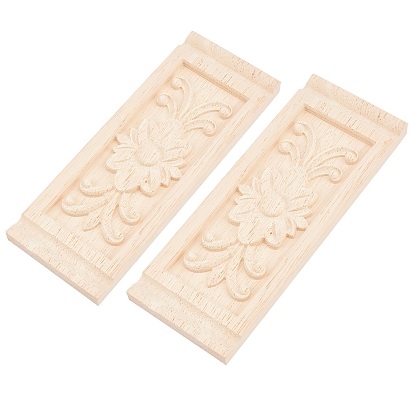 Natural Solid Wood Carved Onlay Applique Craft, Unpainted Onlay Furniture Home Decoration, Rectangle with Flower