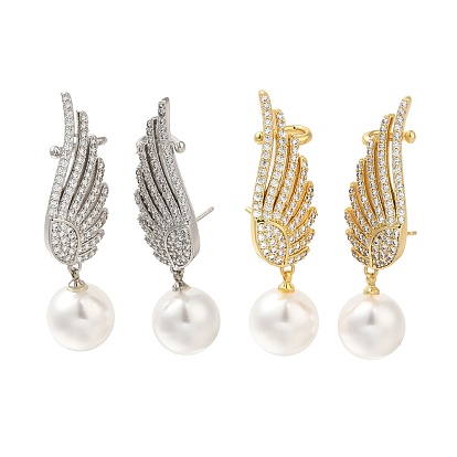 Серьги-гвоздики из латуни с микропаве из прозрачного кубического циркония с покрытием из перьев, с пластмассовой жемчужиной abs, долговечный, без свинца и без кадмия, слева и справа