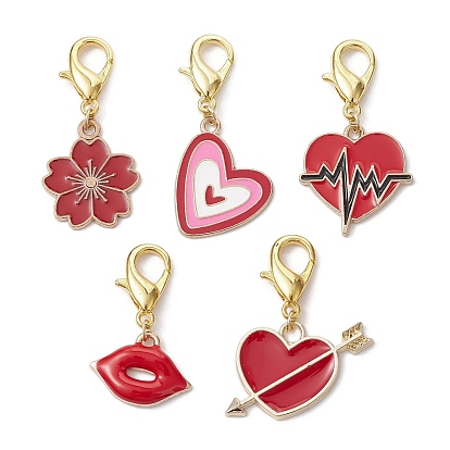 Valentine's Day Theme Alloy Enamel Pendant Decoration, with Alloy Lobster Claw Clasps, Heart/Lip/Flower