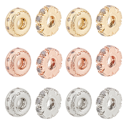12Pcs 2 Style Brass Micro Pave Clear Cubic Zirconia Beads, Long-Lasting Plated, Flat Round & Rondelle with Star