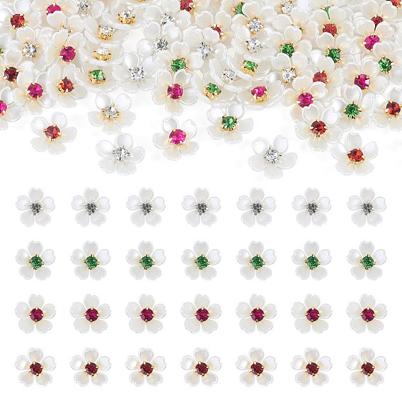 80piezas de cabujones de plástico, con diamantes de imitación y hierro, flor, dorado