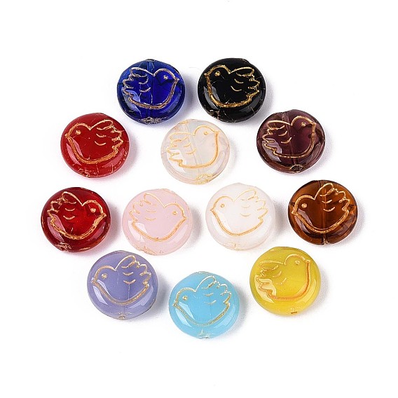 Плоские круглые стеклянные бусины с изображением голубя мира, золотой металл обвитыми