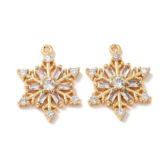 Brass Micro Pave Clear Cubic Zirconia Pendants, Cadmium Free & Nickel Free & Lead Free, Snowflake