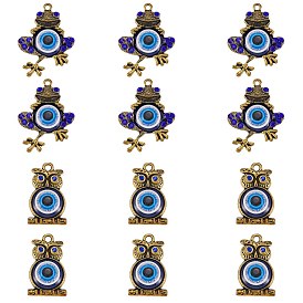 12Pcs 2 Style Alloy Pendants, with Resin and Rhinestone, Owl & Frog with Evil Eye Charms