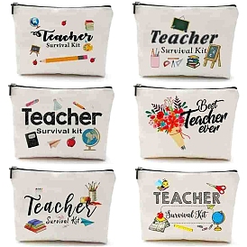 Teachers' Day Cotton Linen Cosmetic Bag, with Polyester Lining, Ladies' Large Capacity Travel Storage Bag