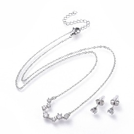 304 de acero inoxidable conjuntos de joyas, collares de latón con micro pavimento de circonitas colgantes y 304 pendientes de acero inoxidable, con orejeras / pendiente, doce constelaciones, Claro
