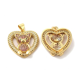 Brass Micro Pave Cubic Zirconia Pendants, Heart with Bear Charms, Golden