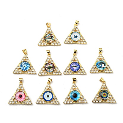 Real 18K Gold Plated Brass Pendants, with Glass and Acrylic, Triangle With Evil Eye Charms