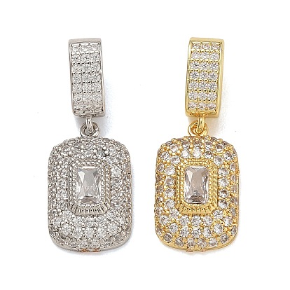 Brass Micro Pave Clear Cubic Zirconia Pendants, Long-Lasting Plated, Rack Plating, Lead Free & Cadmium Free, Rectangle Charms