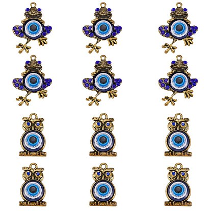 12Pcs 2 Style Alloy Pendants, with Resin and Rhinestone, Owl & Frog with Evil Eye Charms