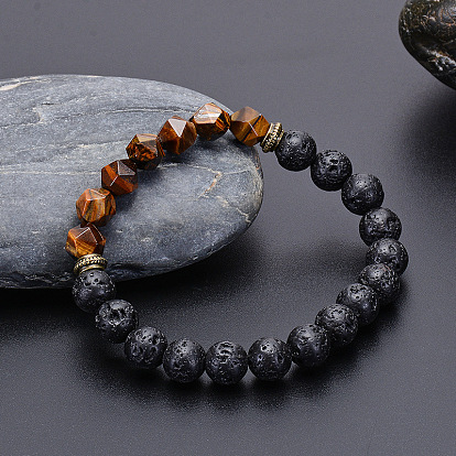 Tiger Eye and Lava Stone Handmade Bracelet with Natural Cut Surface