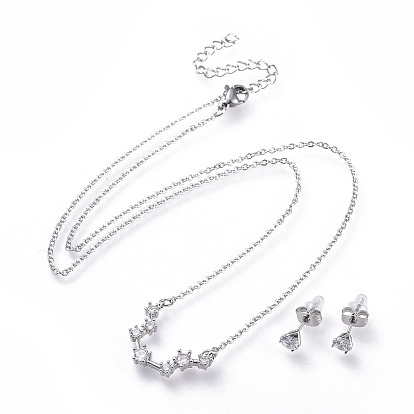 304 de acero inoxidable conjuntos de joyas, collares de latón con micro pavimento de circonitas colgantes y 304 pendientes de acero inoxidable, con orejeras / pendiente, doce constelaciones, Claro