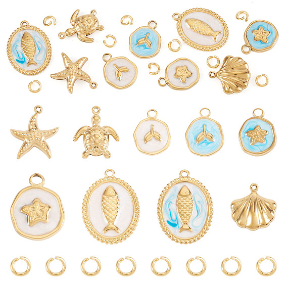 9Pcs 9 Styles 304 Stainless Steel Enamel Pendants, Ion Plating(IP), Real 18K Gold Plated, with 8Pcs 304 Stainless Steel Jump Rings