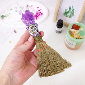 Natural Amethyst Cluster Witch Altar Broom, Mini Wicca Brush, Mane Broomstick, with Metal Sun, for Magic Ceremonial, Halloween Wiccan Ritual