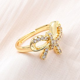 Кольца для женщин с микропаве из латуни и прозрачными кубическими цирконами, бантом, стойки покрытие, без кадмия и без свинца, прочное покрытие