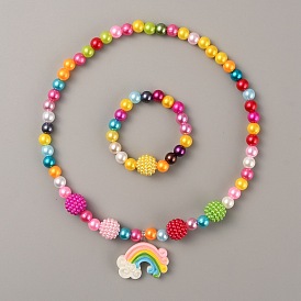 Пластиковое радужное ожерелье с подвеской и круглый эластичный браслет из бусин, милый комплект украшений из искусственного жемчуга для детей