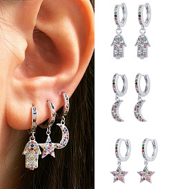 Colorful Zircon Palm Star and Moon Earrings with Rhinestones for Women