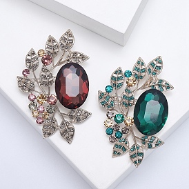 Alloy Brooches, Rhinestone Pin, Jewely for Women, Oval with Leaf