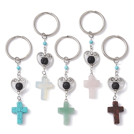 Gemstone Cross Pendant Keychain, with Natural Lava Rock & Alloy Heart Link and Iron Split Key Rings