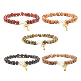Heart Skeleton Key Charm Bracelet for Women, Natural Wood & Synthetic Opalite & Hematite Beads Energy Power Stretch Bracelet, Golden