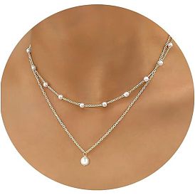 Простой стиль имитация жемчуга круглый кулон сплав цепи двухслойные ожерелья для женщин, белые