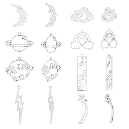 16Pcs 8 Style 201 Stainless Steel Pendants, Laser Cut, Space Theme Mixed Shapes