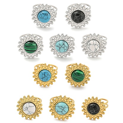 304 Stainless Steel Synthetic Gemstone Cuff Rings, Flower Open Rings for Women