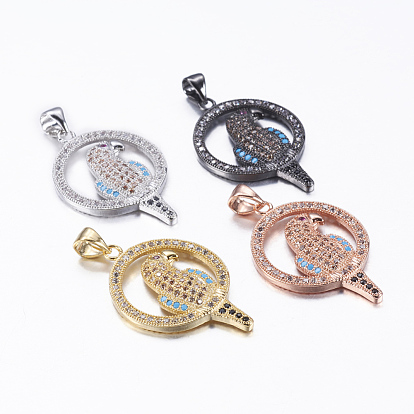 Brass Micro Pave Cubic Zirconia and Synthetic Turquoise Pendants, Flat Round with Parrot