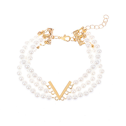 Natural Pearl Beaded Triple Layer Multi-strand Bracelet, Alloy Letter V Link Bracelet