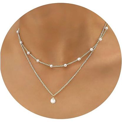 Простой стиль имитация жемчуга круглый кулон сплав цепи двухслойные ожерелья для женщин, белые