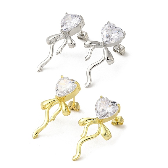 Латунь серьги, с прозрачным фианитом для женщин, сердце с бантом