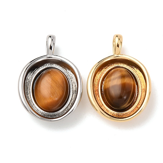 Природных тигровый глаз подвески, с реечным покрытием из латуни с фурнитурой, долговечный, плоский круглый шарм