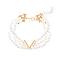 Natural Pearl Beaded Triple Layer Multi-strand Bracelet, Alloy Letter V Link Bracelet