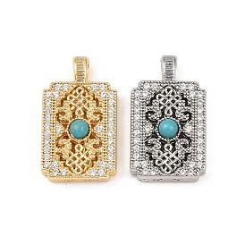 Латунные микропаве прозрачные подвески с фианитом, прямоугольные, с синтетическими бирюзовый