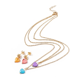 Synthetic Shell Heart Pendant Double Layer Necklaces and Dangle Stud Earrings, Gold Plated 304 Stainless Steel Jewelry Sets for Women, Ion Plating(IP)