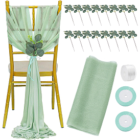 16 шт. искусственных листьев эвкалипта из шелковой ткани и пластика, домашнего декора, с 2 рулонами полиэстеровой атласной ленты, 16шт. полиэстеровая тюлевая лента для стула