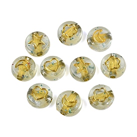 Transparent Acrylic Beads, Flat Round & Heart & Moon & Flower, with Glitter Powder & Golden Metal Enlaced